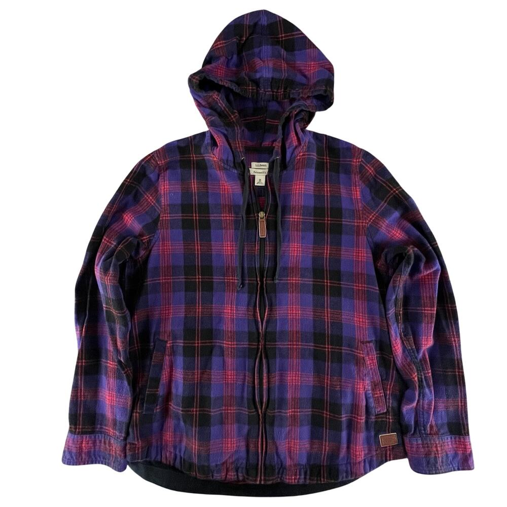 LL Bean Hooded Flannel Jacket Womens M Purple Plaid Zip Hoodie Cotton Shacket